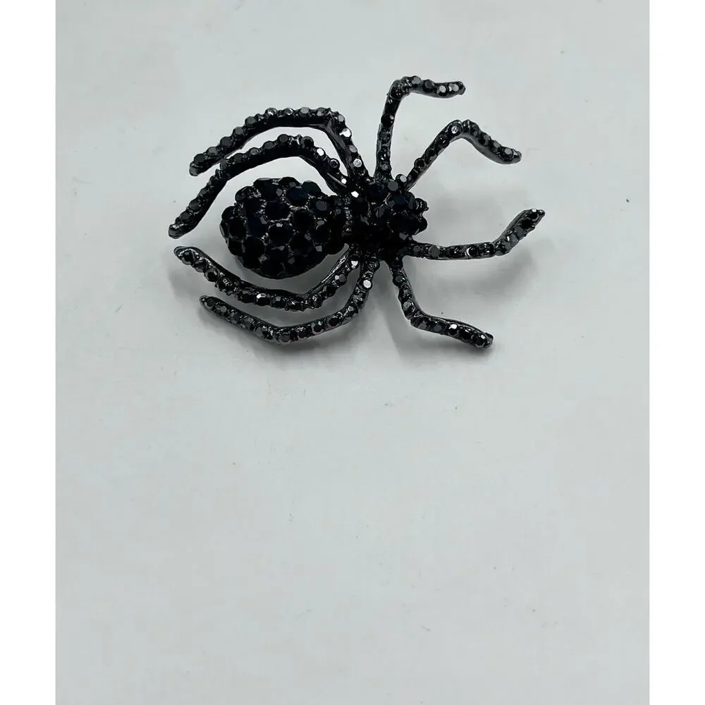 Silver Tone‎ Black Glass Crystal Spider Scary Halloween Bug Brooch Pin